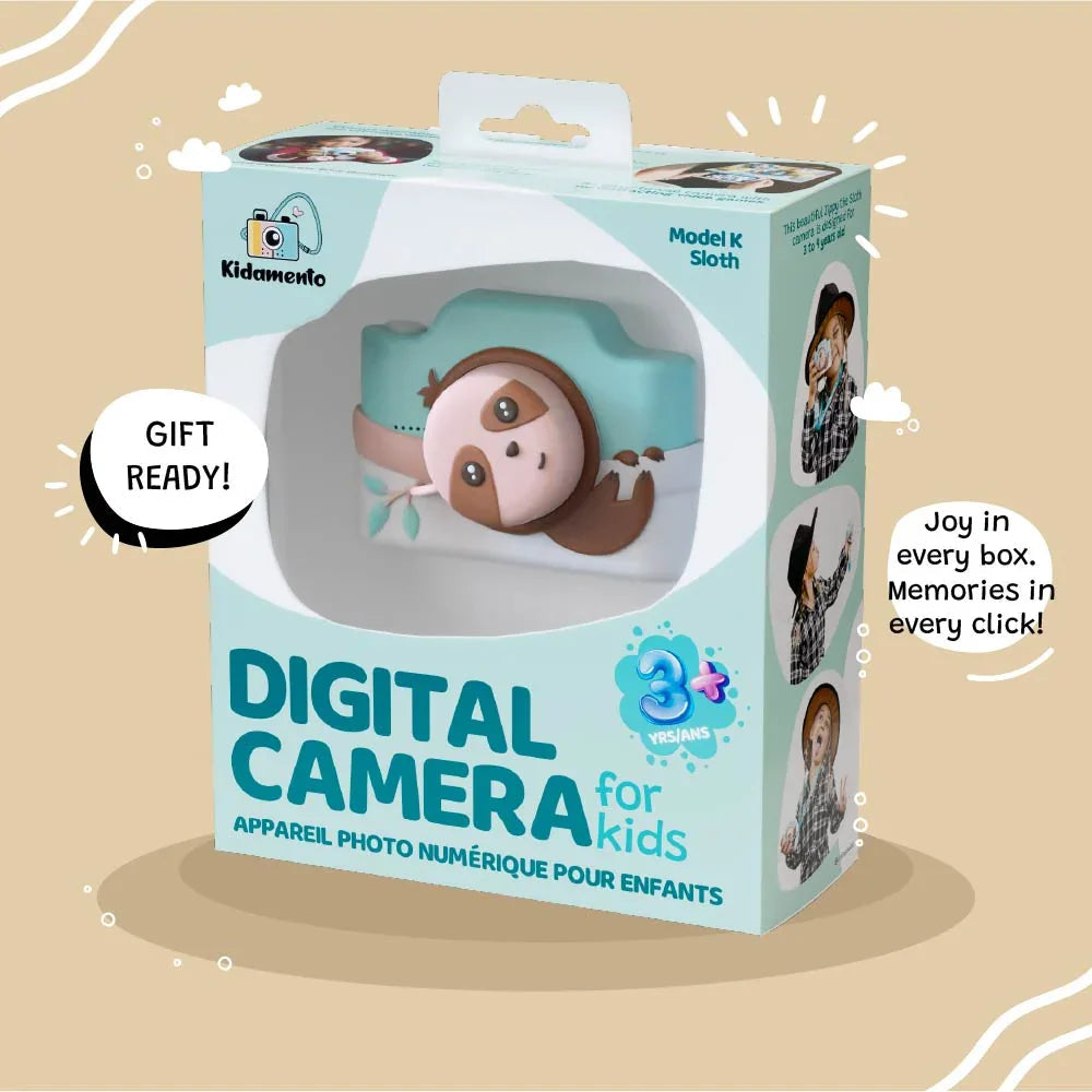 Kidamentu Digital Camera for Kids in its original packaging, featuring a plush sloth toy visible through a clear window cutout on the front of the light blue box.