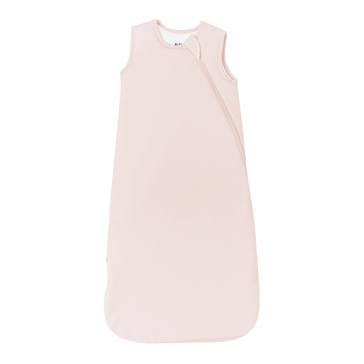 A sleeveless baby sleep sack in a very pale blush pink color, shown flat against a solid white background.