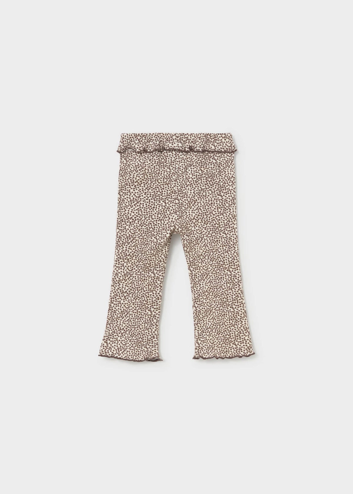 A pair of toddler flare leggings with a beige and brown leopard print pattern, featuring a ruffled waistband and ruffled cuffs, shown flat on a light gray background.