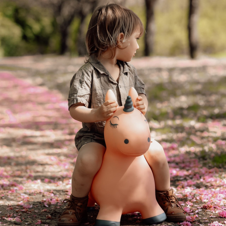 Child sitting on a unicorn toy in a park with fallen pink flowers