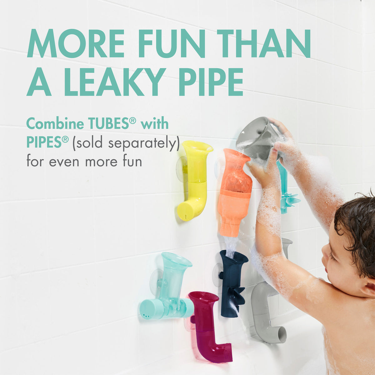 Child playing with colorful bath toys on a white background with text about combining TUBES with Pipes.