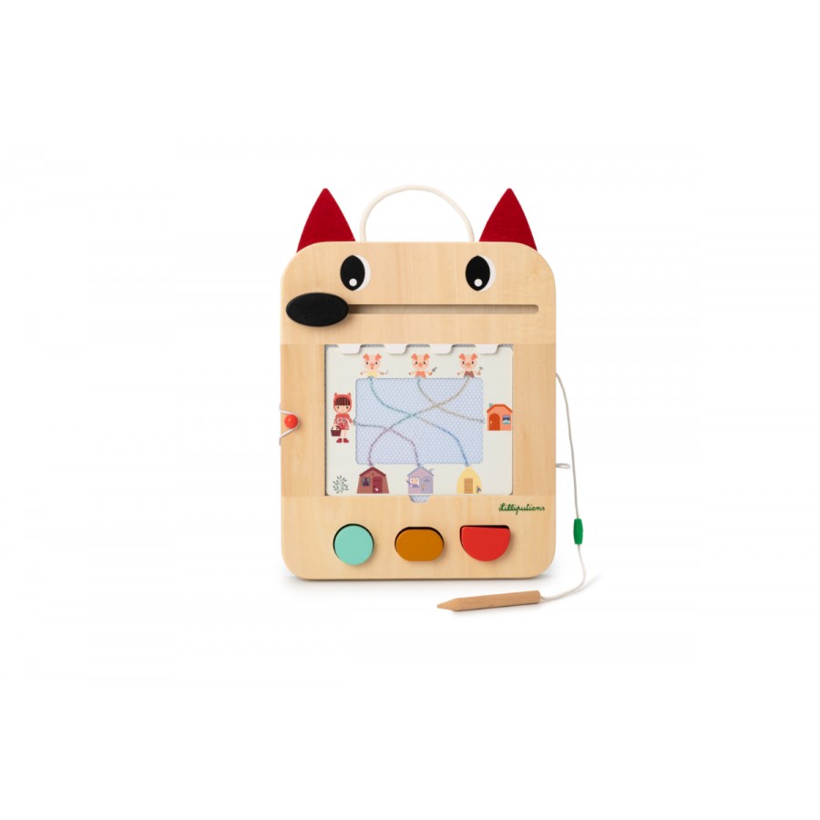 Wooden toy with fox design on a white background