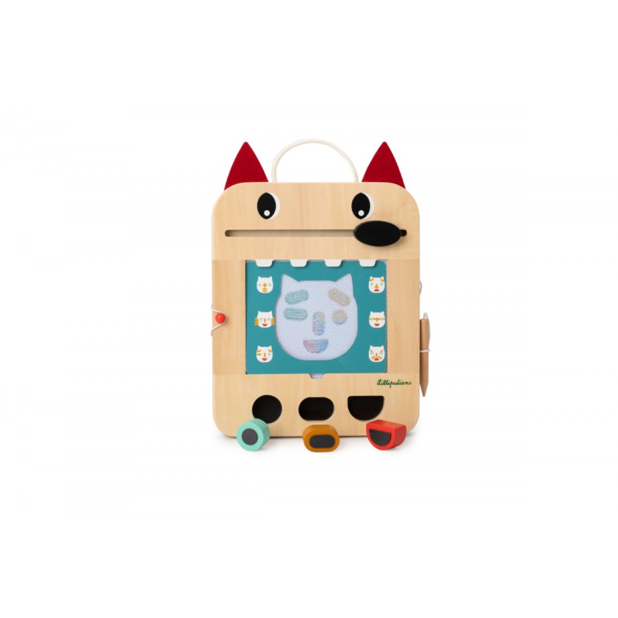 Wooden toy with animal face design on a white background
