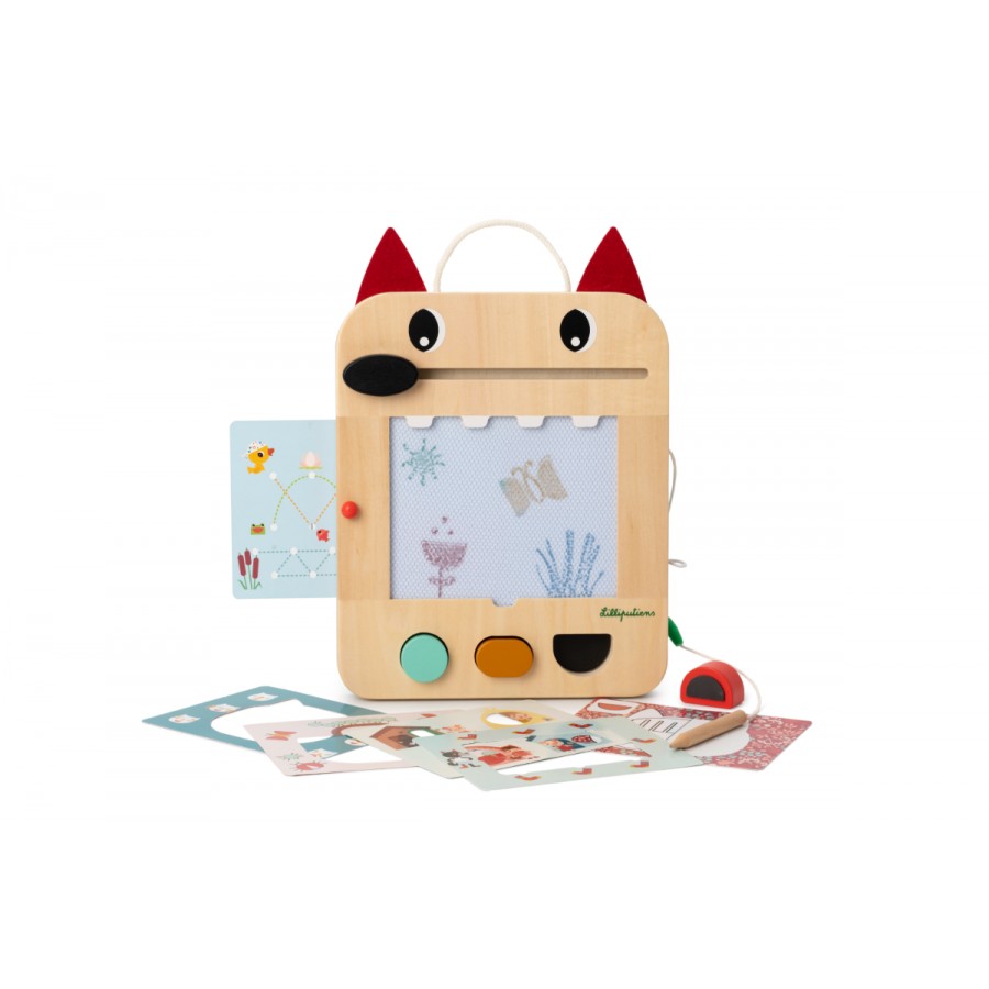 Wooden toy with fox design on a white background