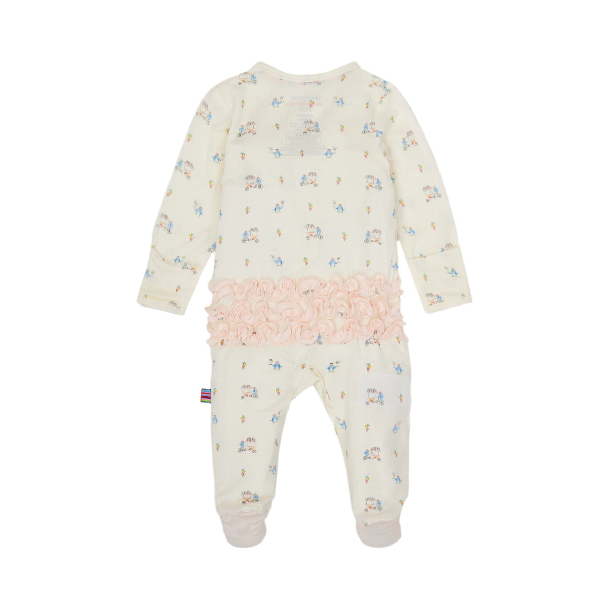 A baby long-sleeve footed sleeper in cream with a light blue and yellow unicorn print, featuring a pink ruffled trim at the waist.
