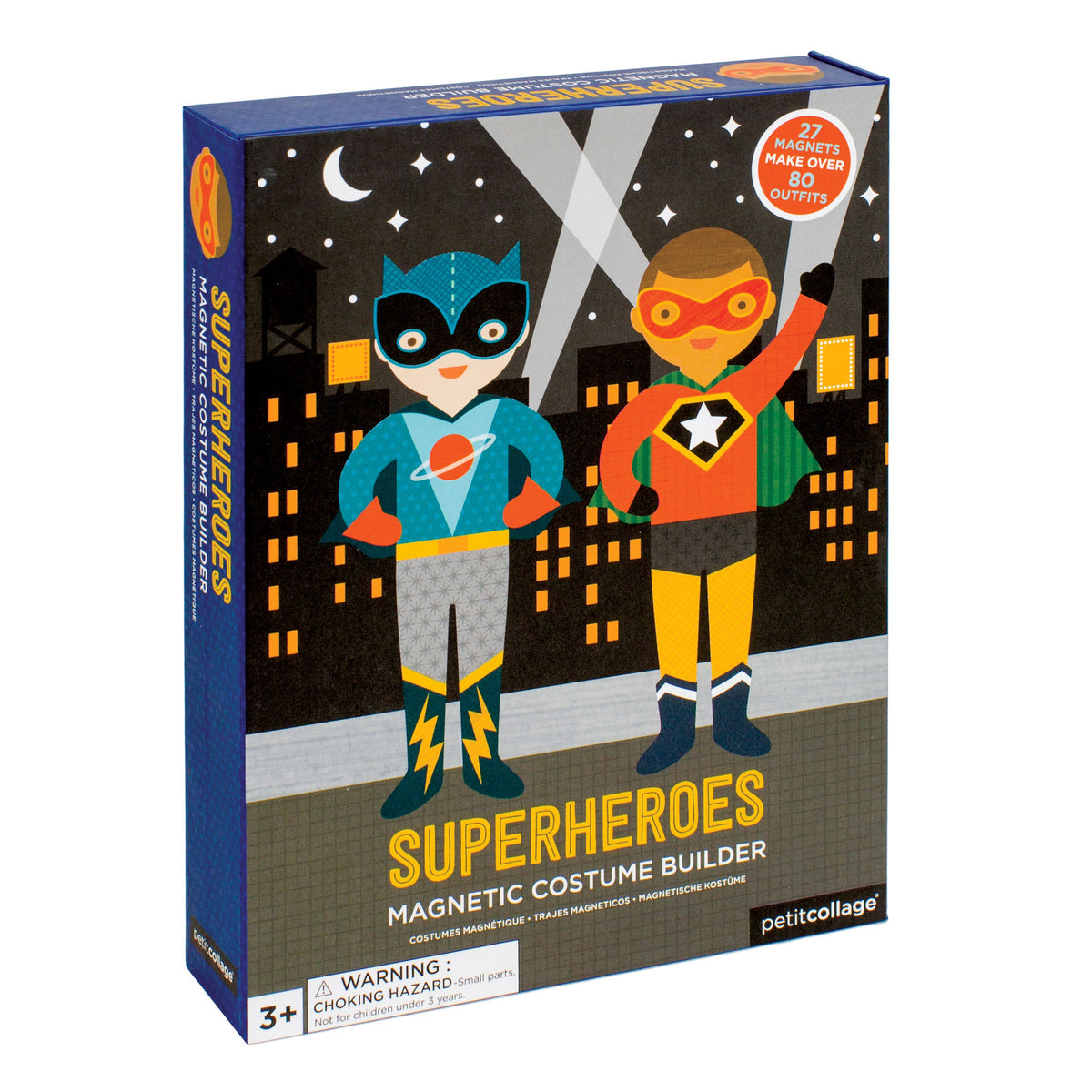 Superheroes magnetic costume builder packaging with two characters on a cityscape background