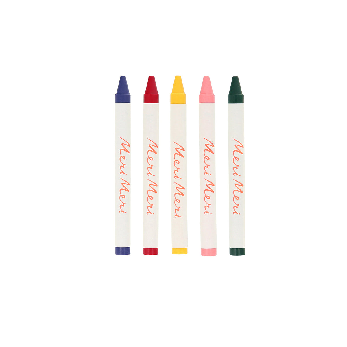 Five markers with colored caps and 'Meri Meri' branding on a white background
