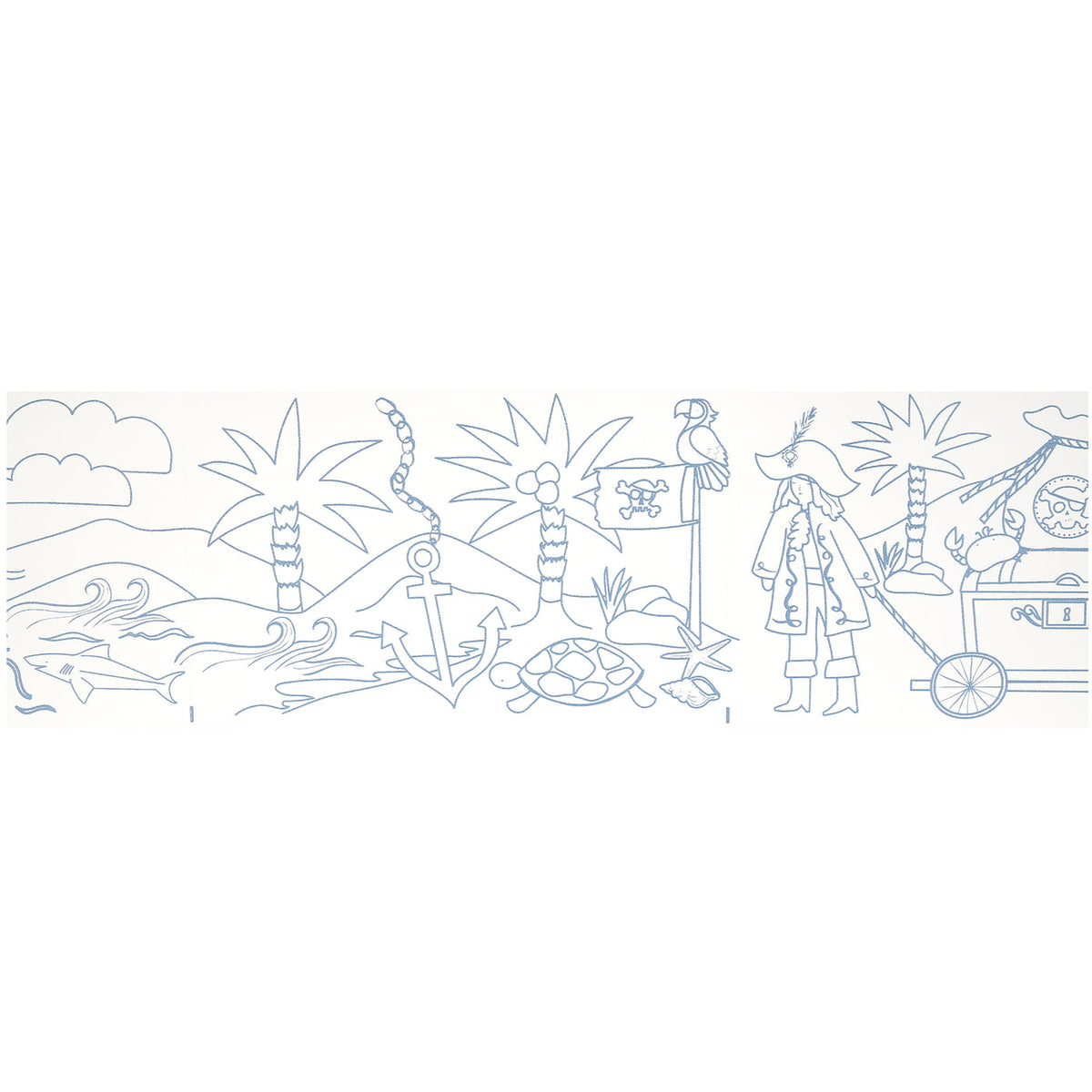 Outline illustration of a pirate scene with palm trees, a parrot, and a treasure chest.