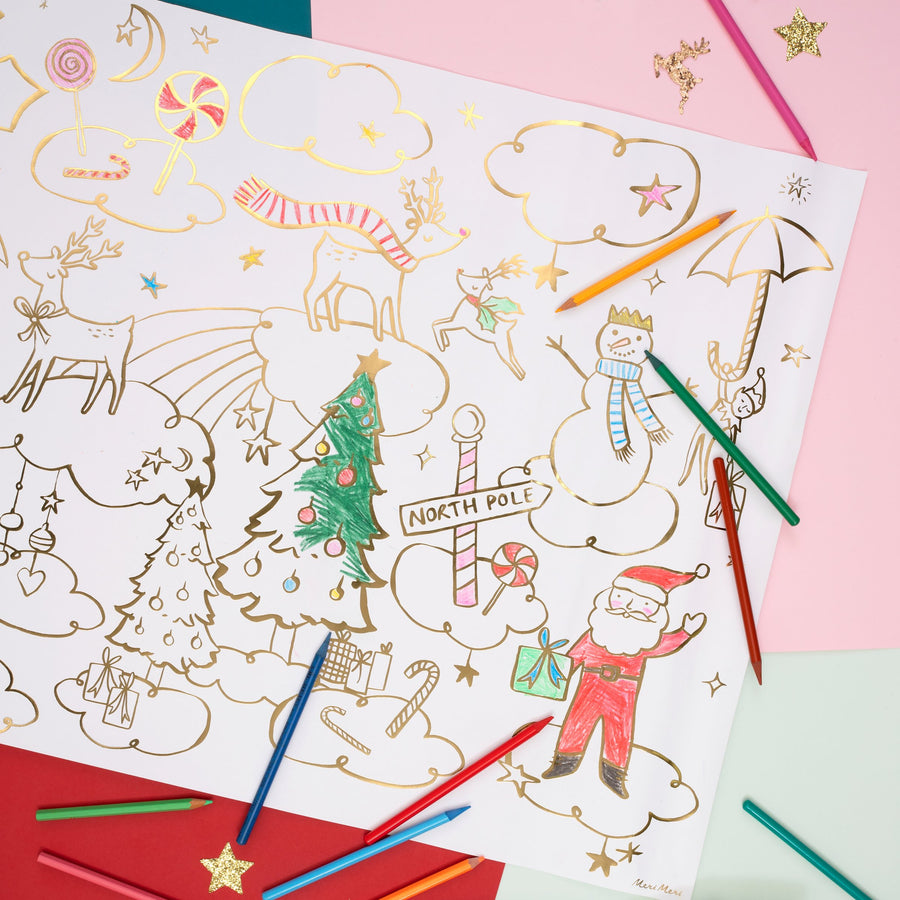 Coloring sheet with Christmas-themed illustrations and colored pencils on a colorful background