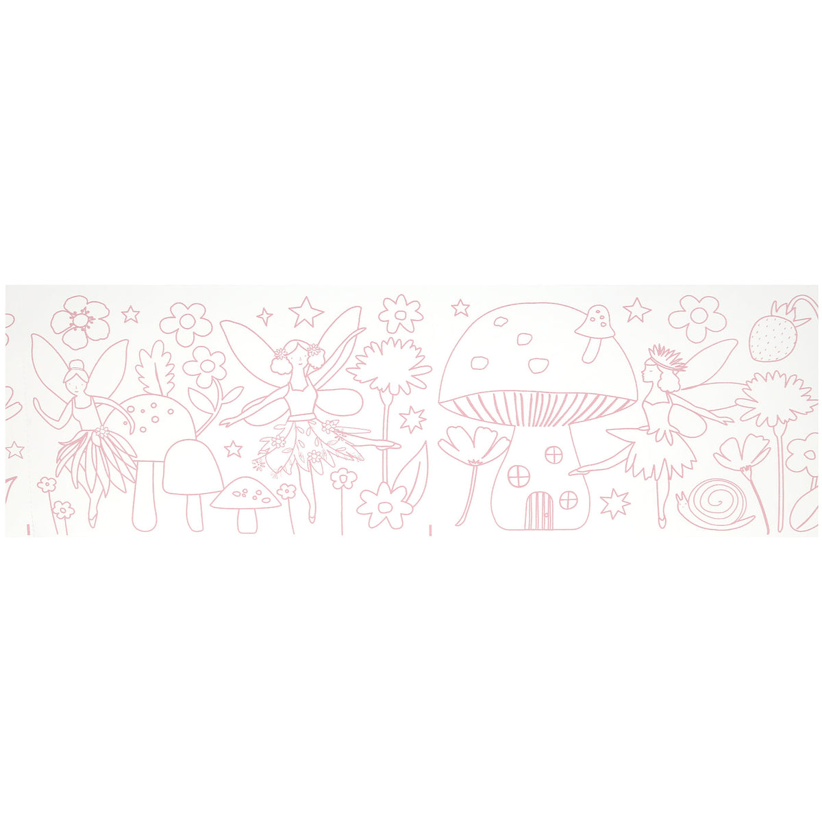 Decorative border with fairies, mushrooms, and flowers on a white background