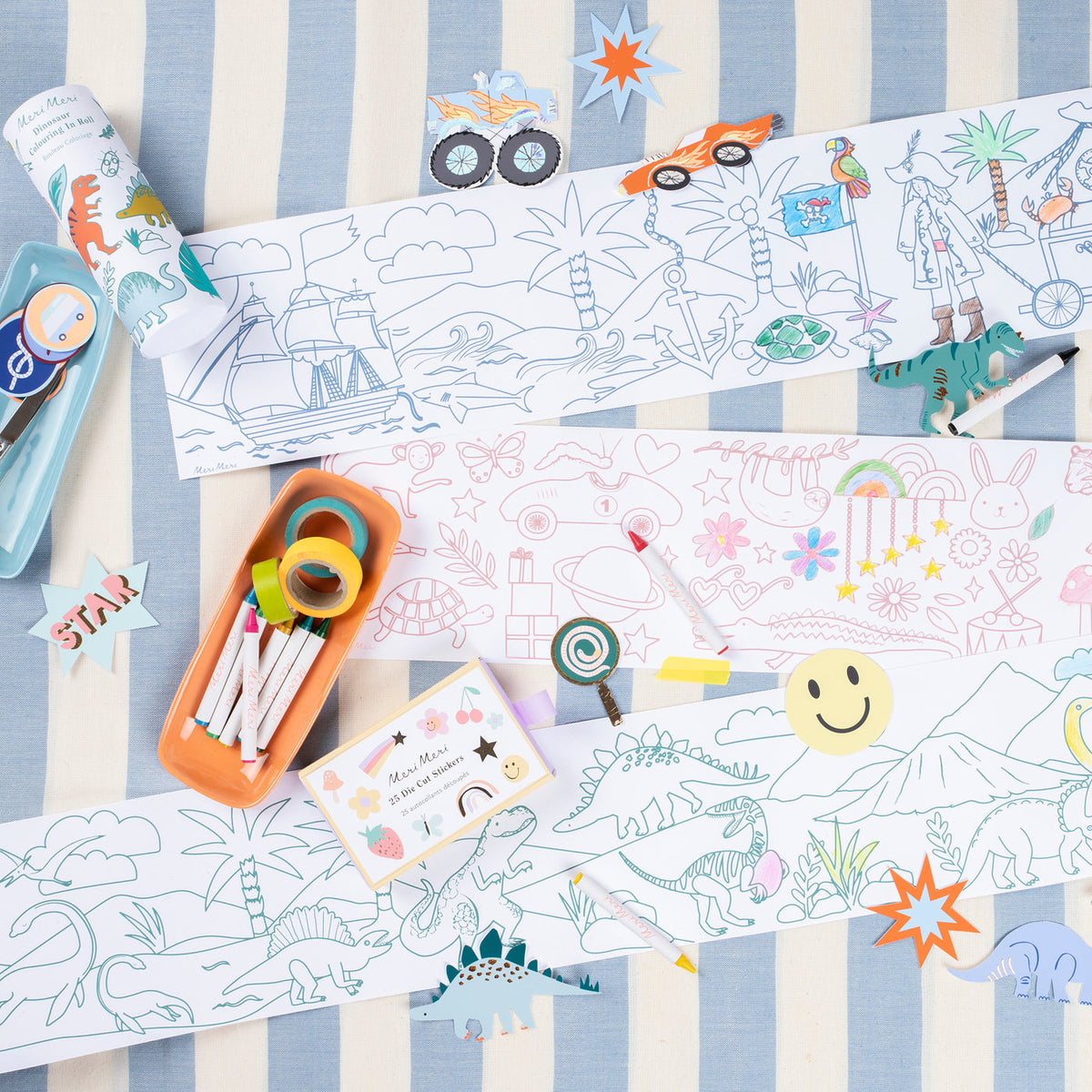 Coloring sheets with various drawings on a striped background