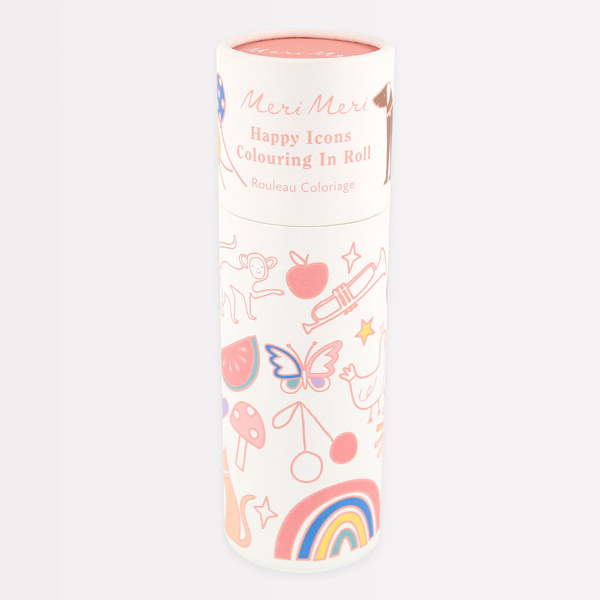 cylindrical product with colorful icons and 'Meri Meri' branding on a white background