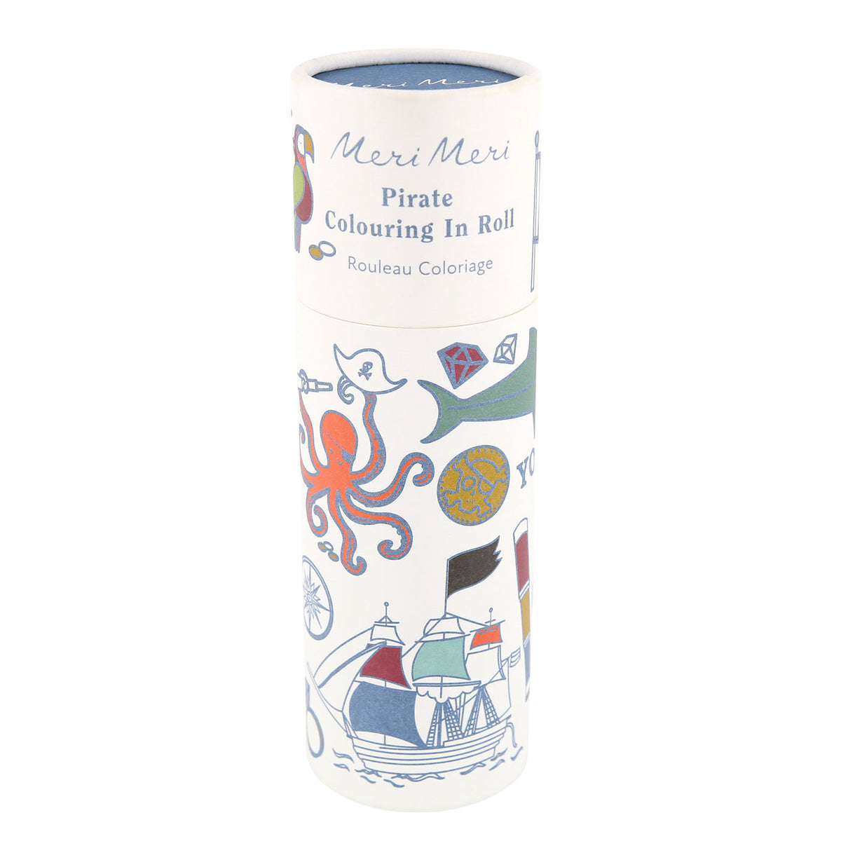 Meri Meri Pirate Colouring In Roll rolling pin in a white cylindrical tube with colorful pirate-themed illustrations including an octopus, ship, treasure chest, and parrot.