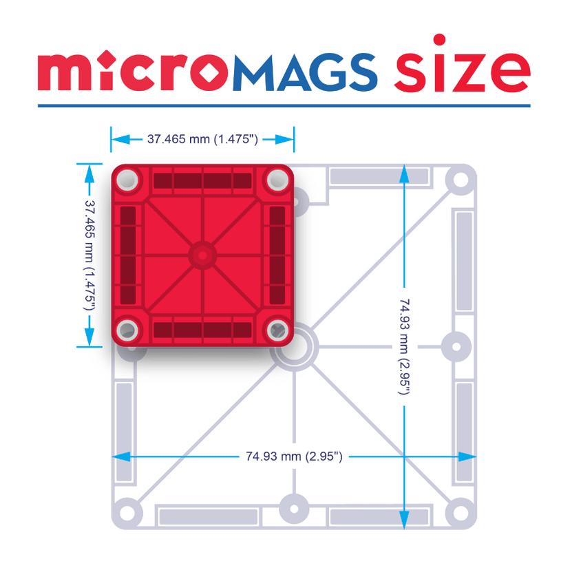 A size comparison diagram titled "microMAGS size" showing a red micro-sized square magnetic tile overlaid on top of a larger standard square magnetic tile, with dimensional measurement lines and labels (37.465 mm vs 74.93 mm) against a white background.