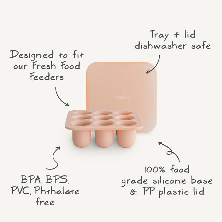 Pink silicone tray with lid on a white background, labeled for features.