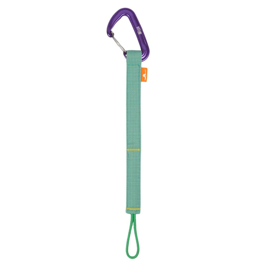 Green carabiner with a purple clip on a white background