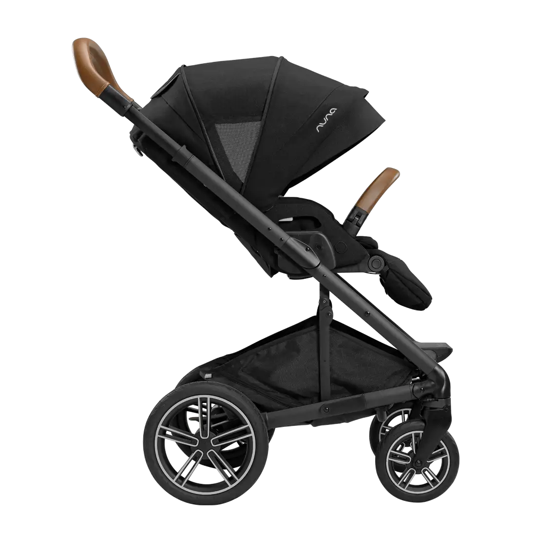 A profile view of a black MIXX Next + Pipa Aire RX Travel System by Nuna stroller featuring brown leatherette handlebar and armbar accents, shown against a checkered transparent background.