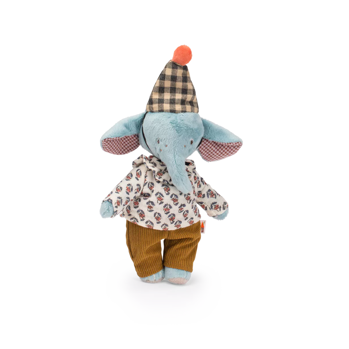 Stuffed elephant toy with a plaid hat and patterned outfit on a white background