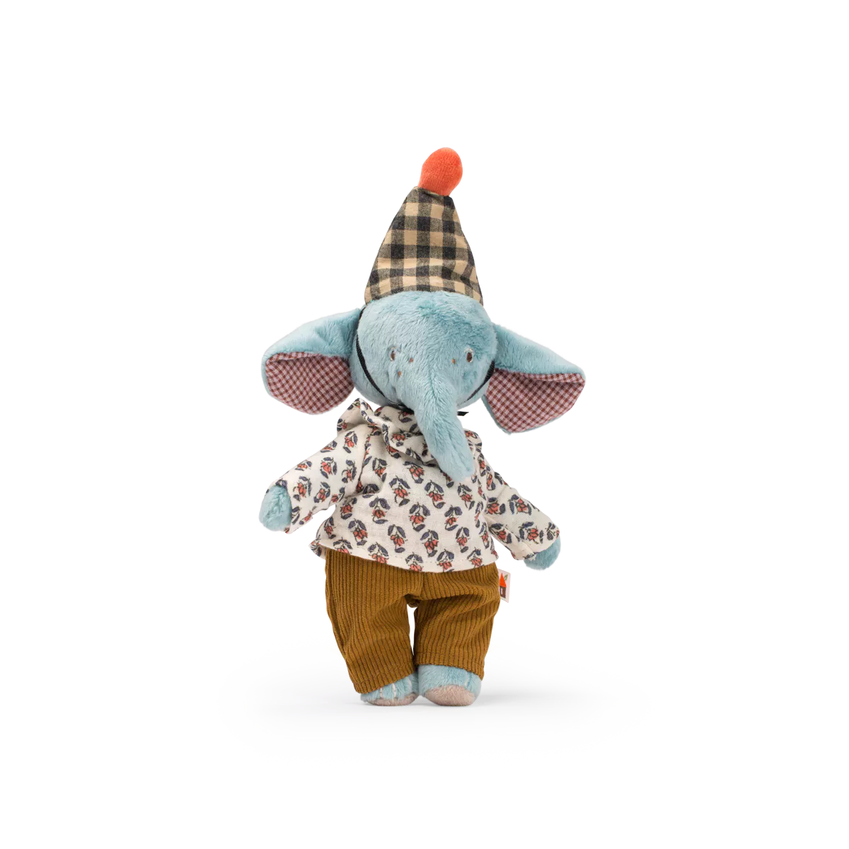 Stuffed elephant toy wearing a checkered hat and floral outfit on a white background