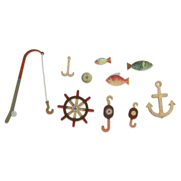 Set of nautical-themed decorative items including a fishing rod, anchors, fish, and a wheel on a white background.