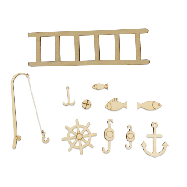 Set of wooden nautical-themed decorations including a ladder, fishing rod, fish, anchor, and steering wheel on a white background.