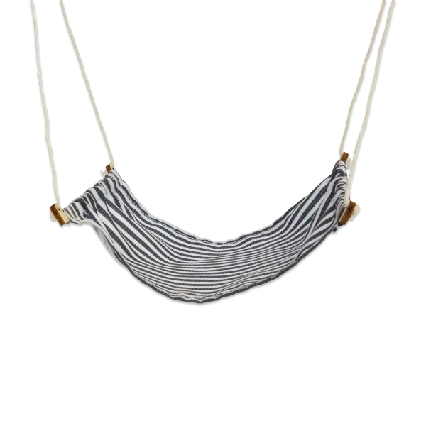 Striped fabric swing with wooden brackets on a white background