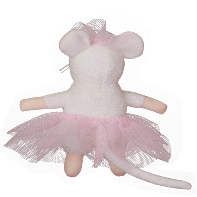 White mouse plush toy with a pink tutu on a white background