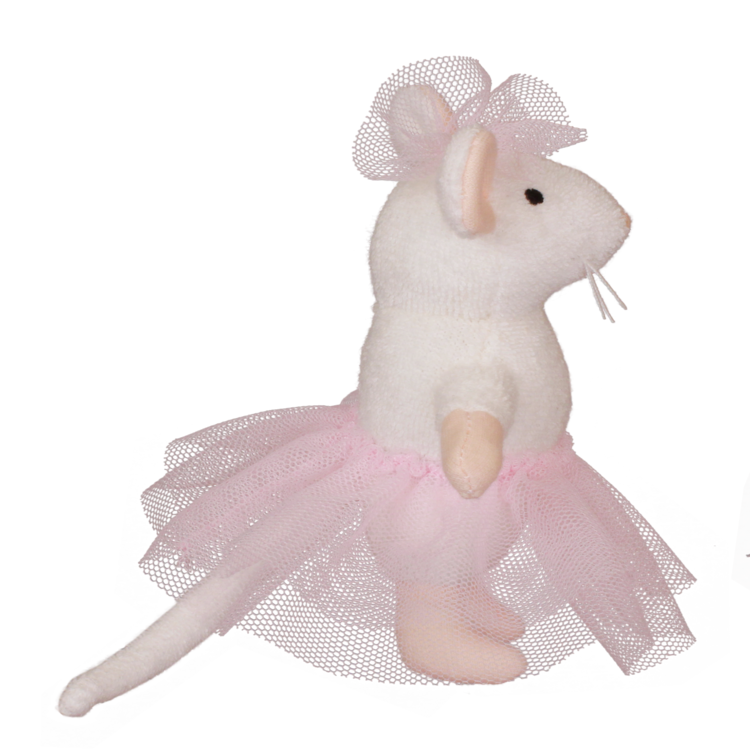 Plush mouse toy in a pink ballet outfit on a white background