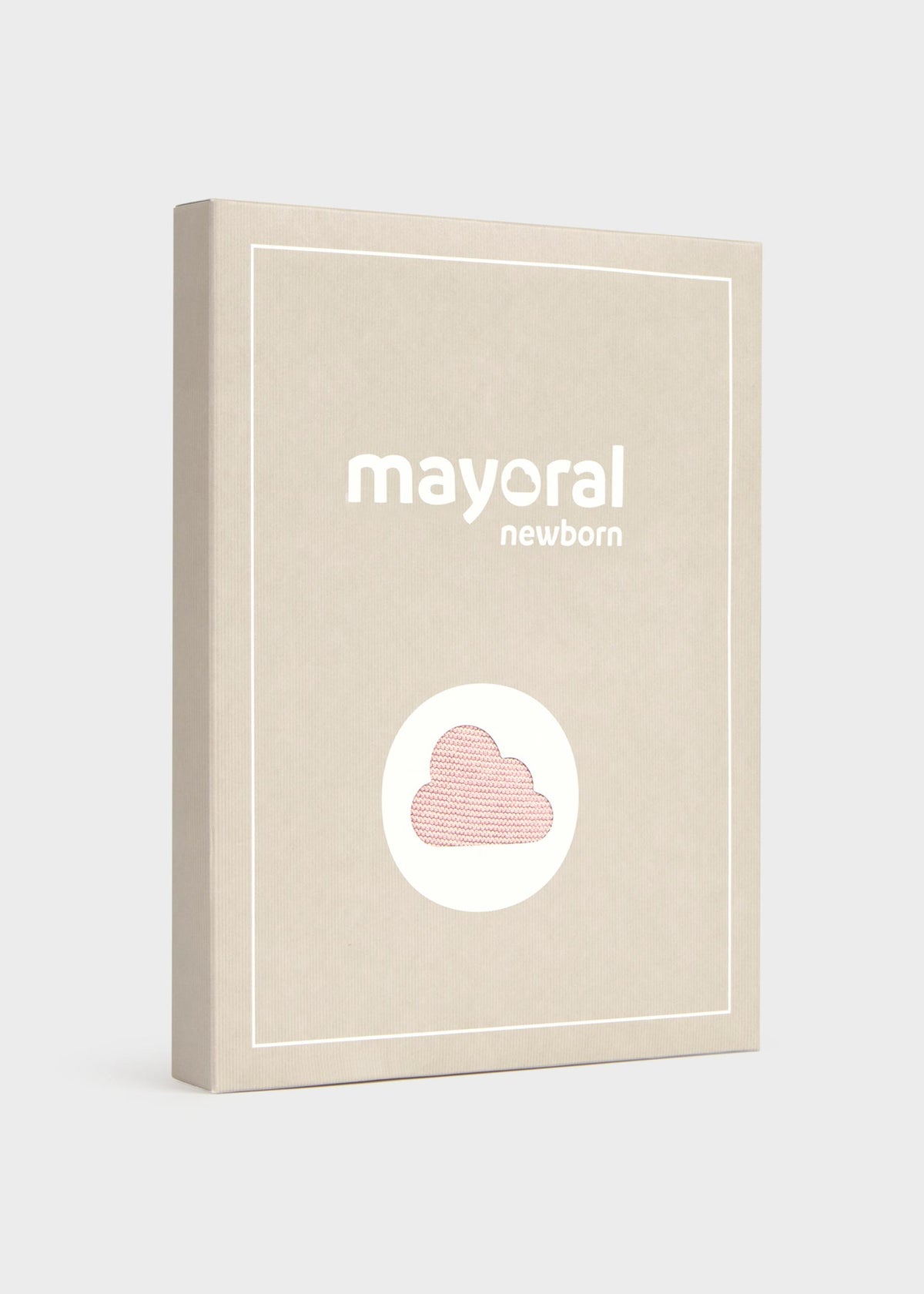 A rectangular beige product box or package standing upright on a light gray background. The front has white border lines, the text 'mayoral newborn' in white, and a white oval containing a pink cloud illustration.