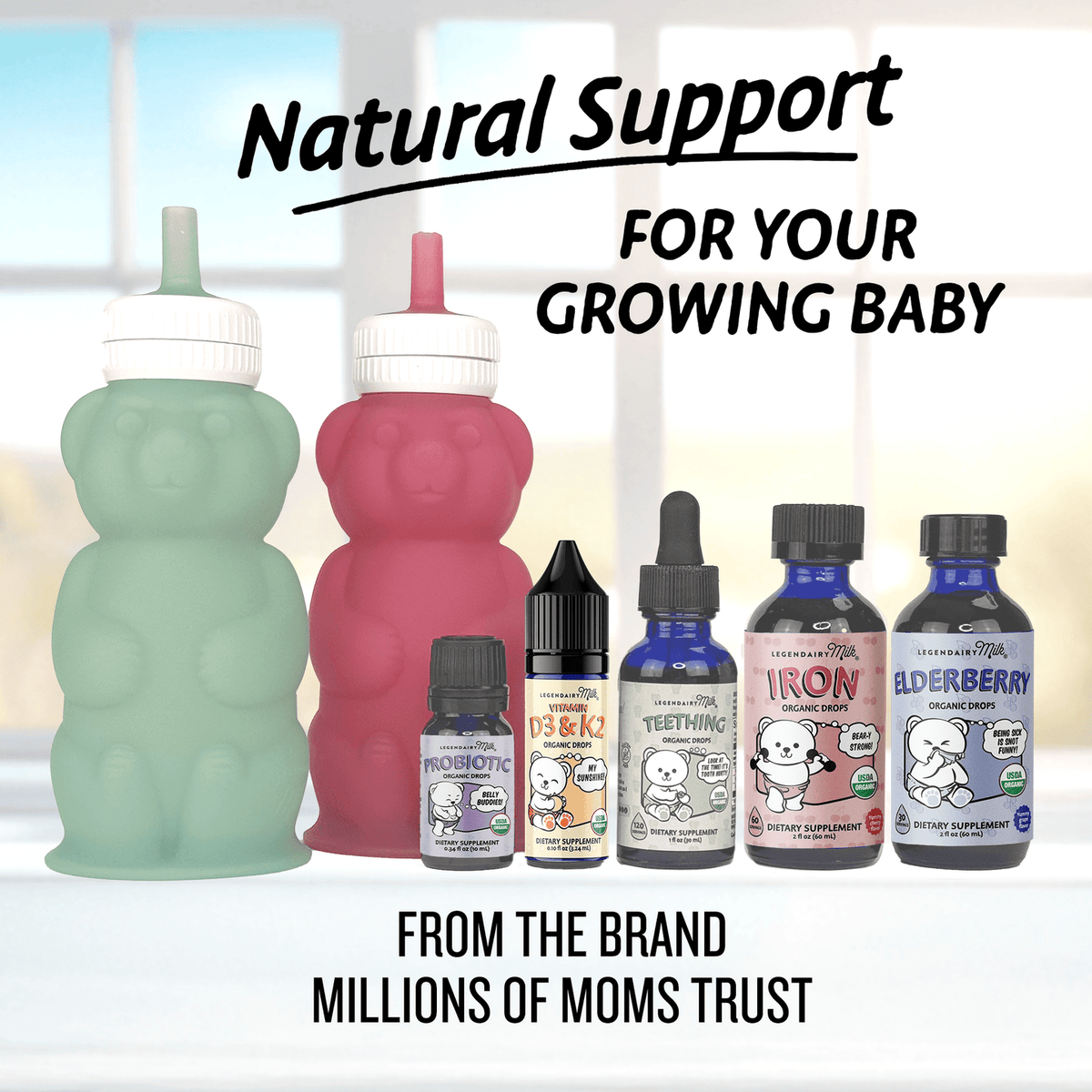 Supplement bottles for a growing baby with text 'Natural Support for Your Growing Baby' and 'From the brand millions of moms trust'.