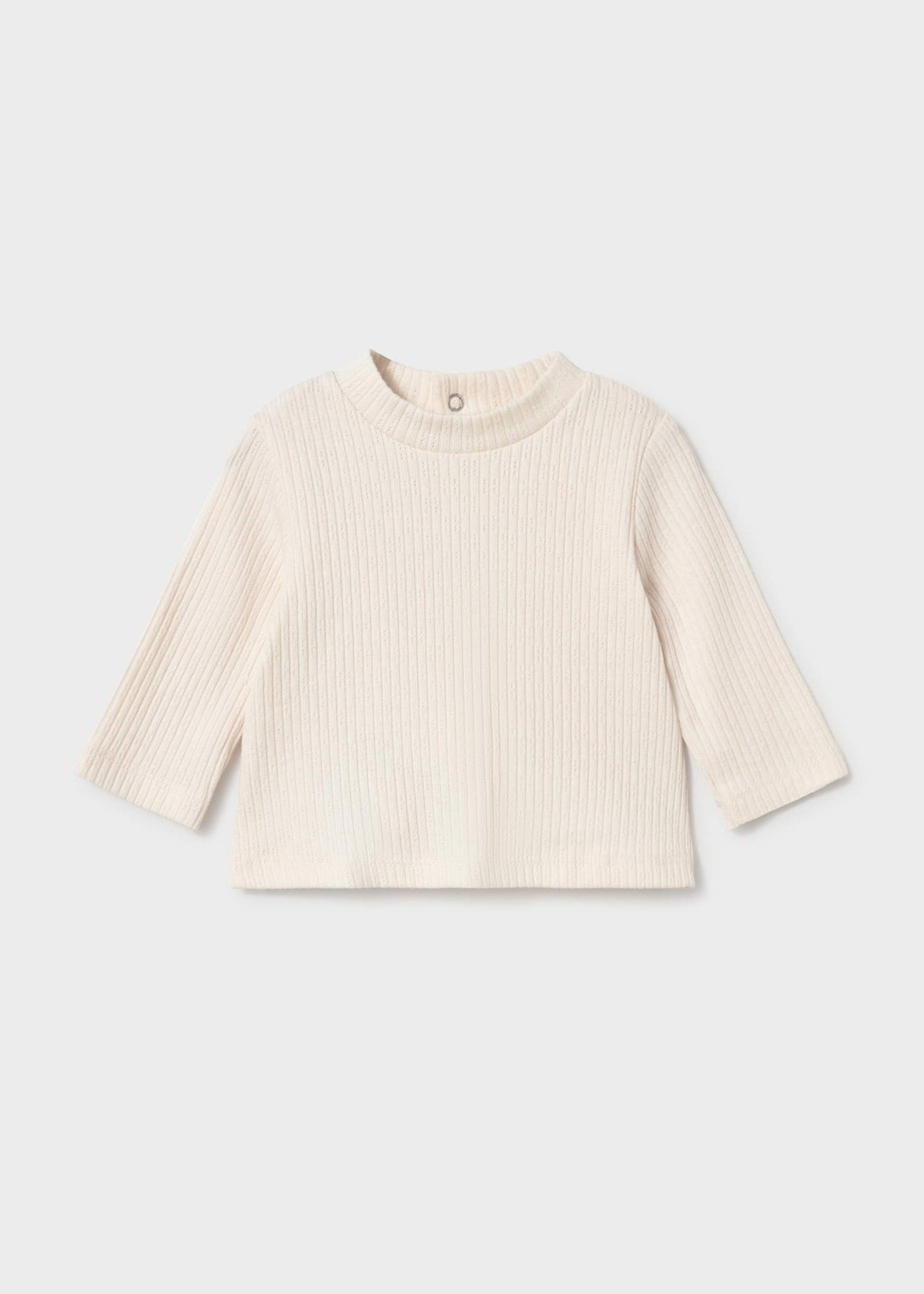 A cream-colored ribbed knit long-sleeve top with a mock neck, displayed flat against a light gray background.