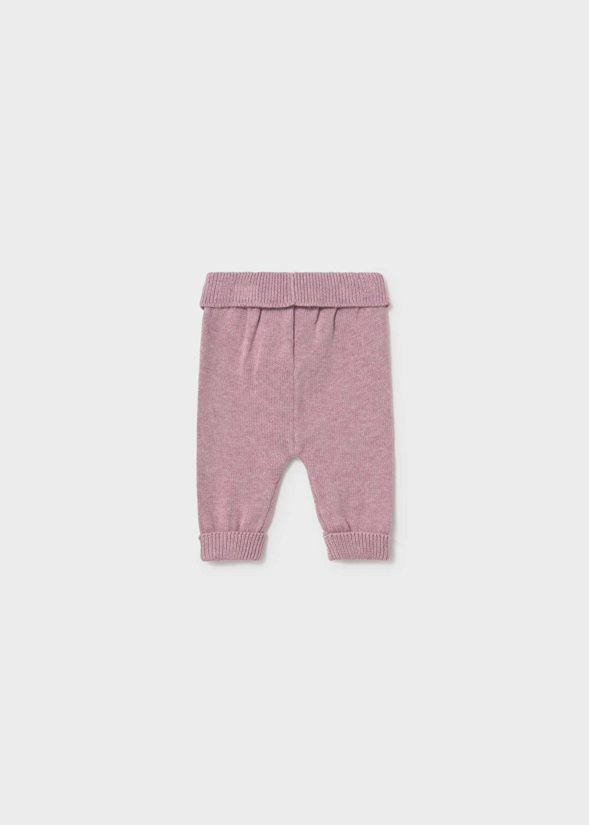 A pair of baby knit pants in a dusty rose pink color, featuring an elastic waistband and ribbed ankle cuffs, shown flat against a light gray background.