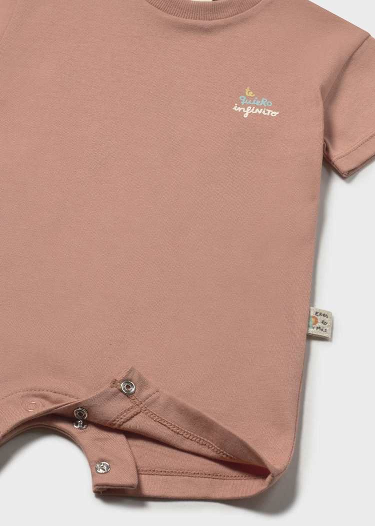 Brown baby onesie with a brand logo on a white background