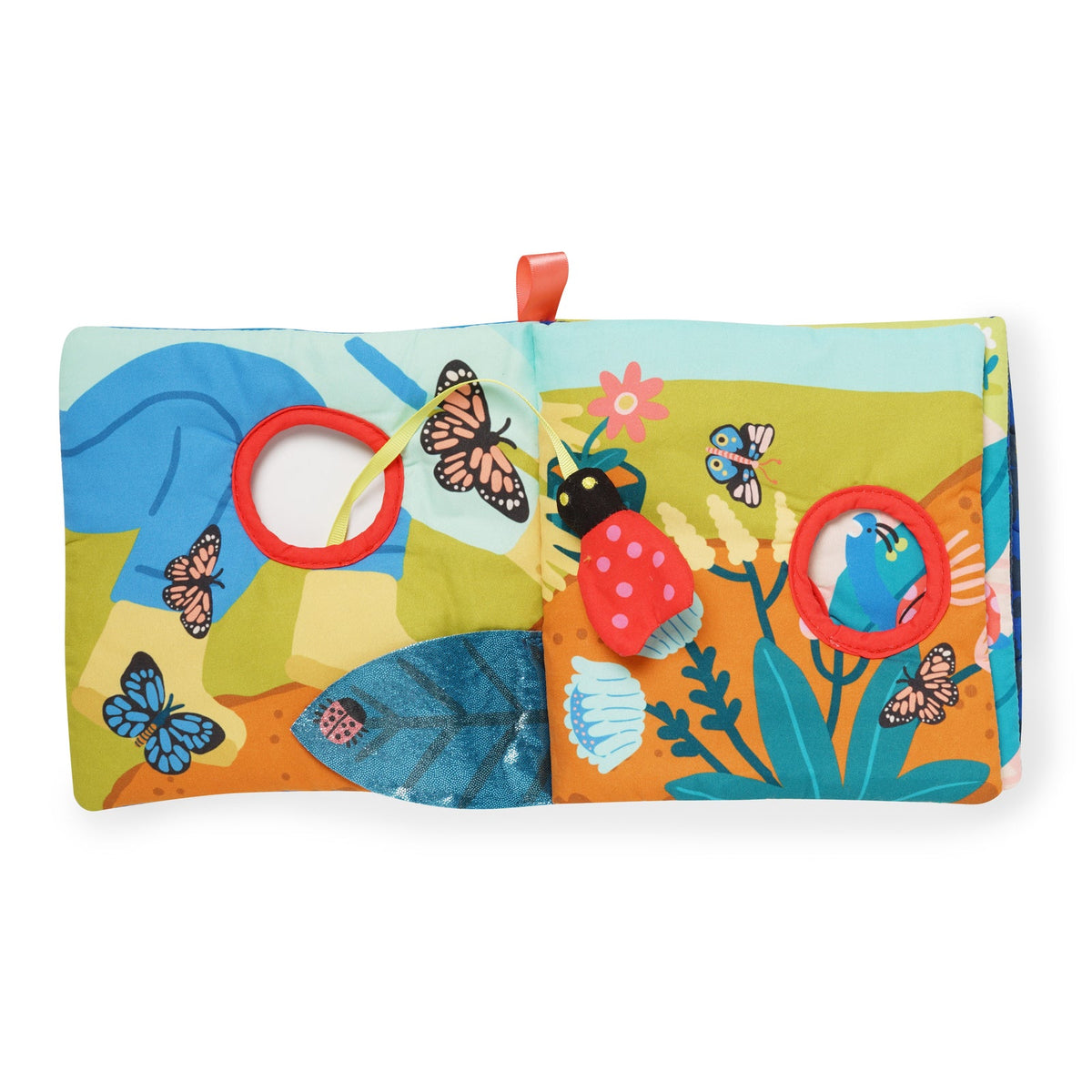 Colorful children's book with animal illustrations and magnifying glasses on a white background
