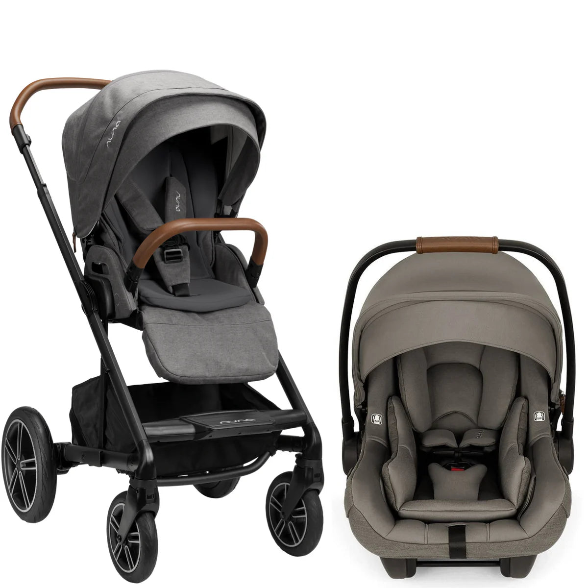 A stroller and infant car seat travel system shown on a clean white background. The stroller is on the left with a black frame, gray fabric upholstery, and brown handle accents.