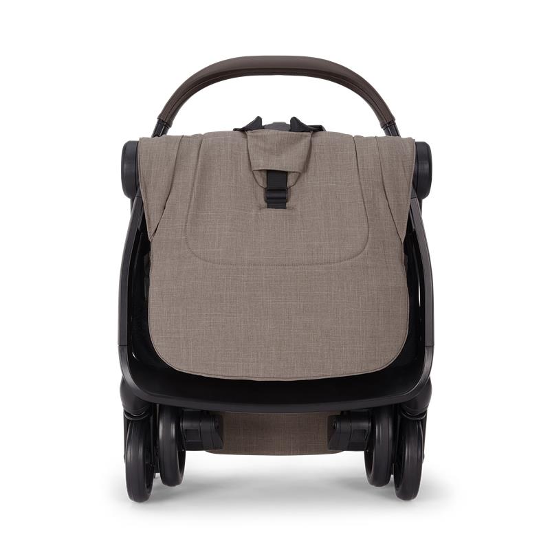 Brown baby stroller with black frame on a white background