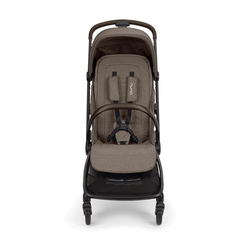 Brown baby stroller on a white background