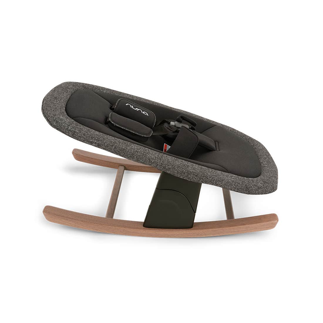 Baby rocker with wooden base and gray cushion on a white background