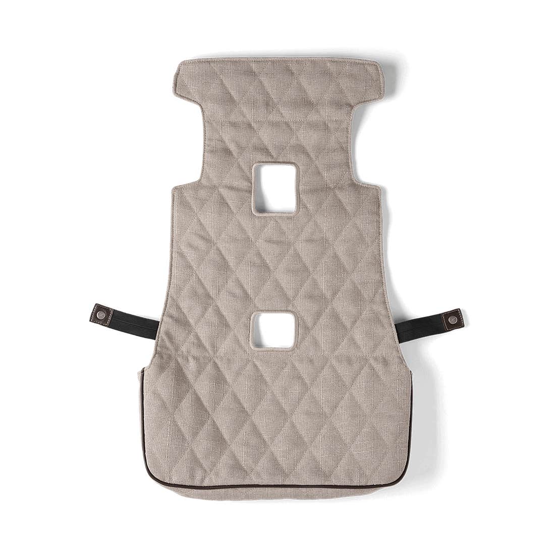 Quilted beige car seat cover with black straps on a white background