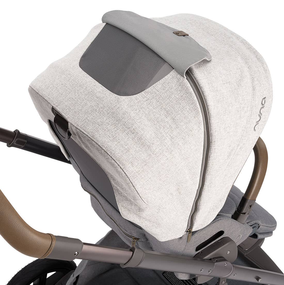 A close-up of a stroller canopy cover in light heather gray fabric with darker gray trim, shown attached to a stroller frame against a white background.