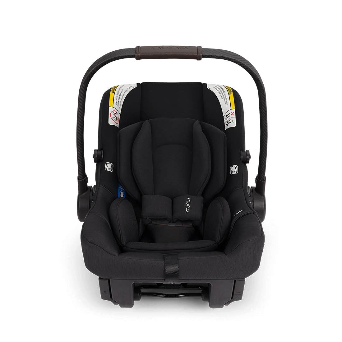 Black baby car seat with canopy on a white background