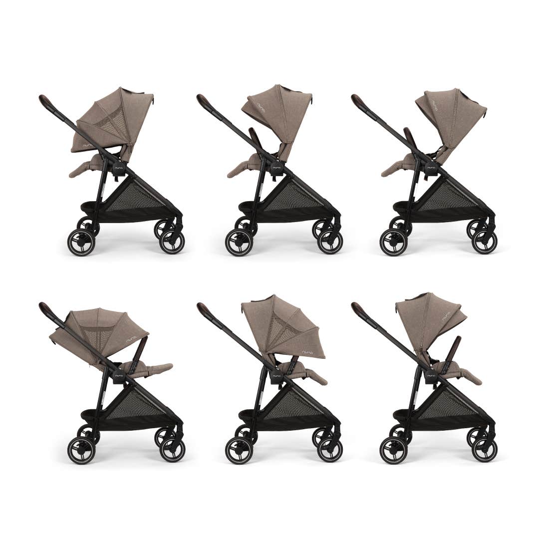 Collage of a stroller with a beige canopy on a white background