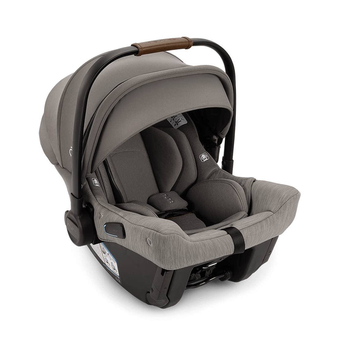Gray baby car seat with brown handle on a white background