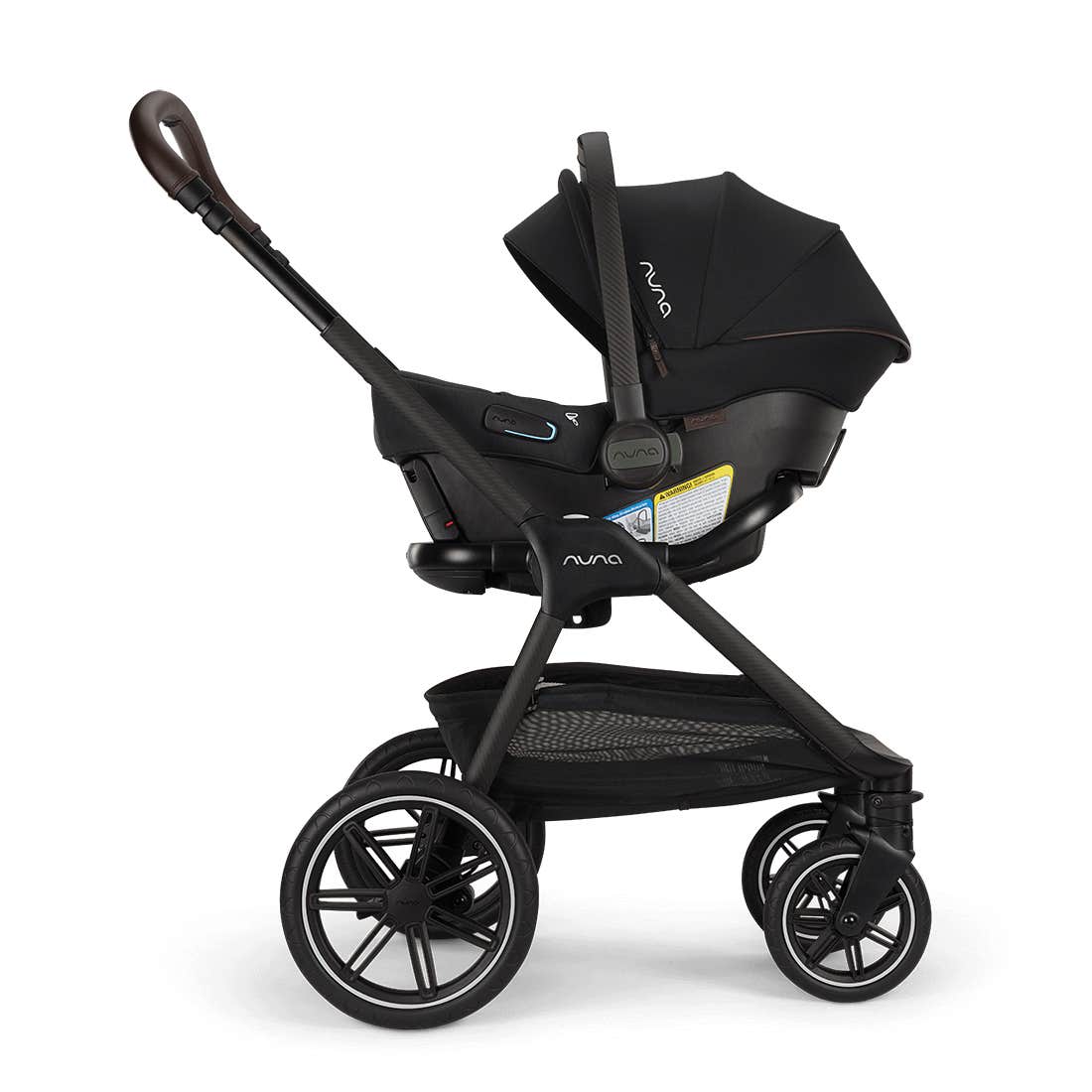 Black stroller with baby seat on a white background