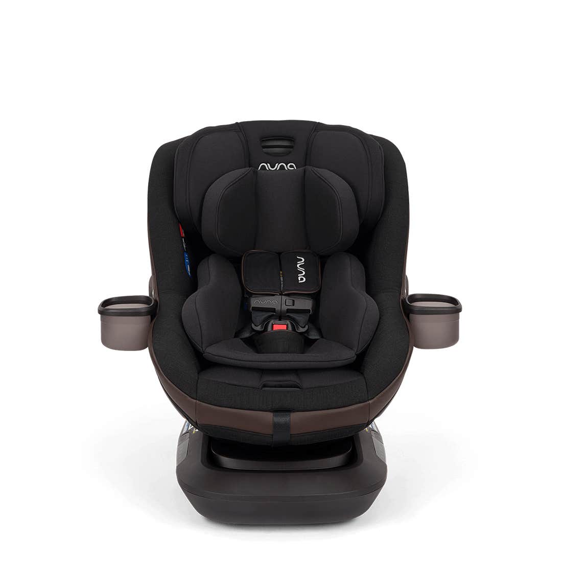 Black car seat with brown accents on a white background
