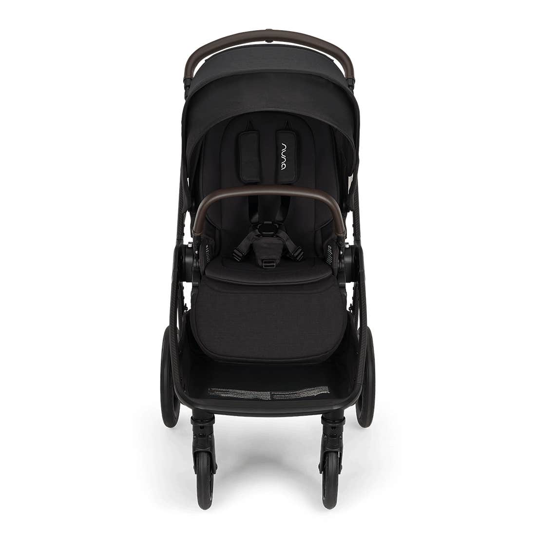 Black baby stroller on a white background