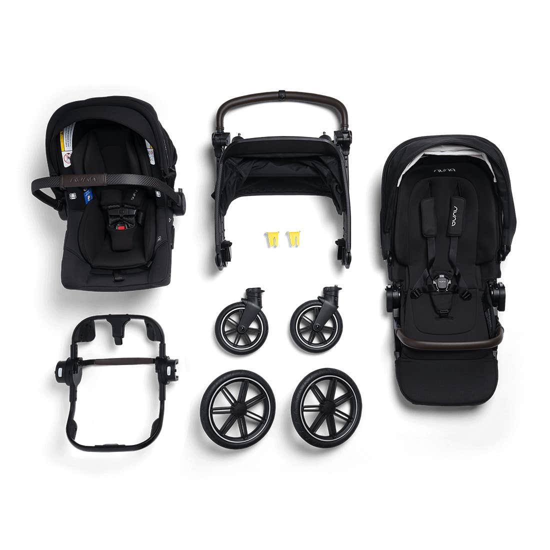 Black baby stroller and car seat set on a white background