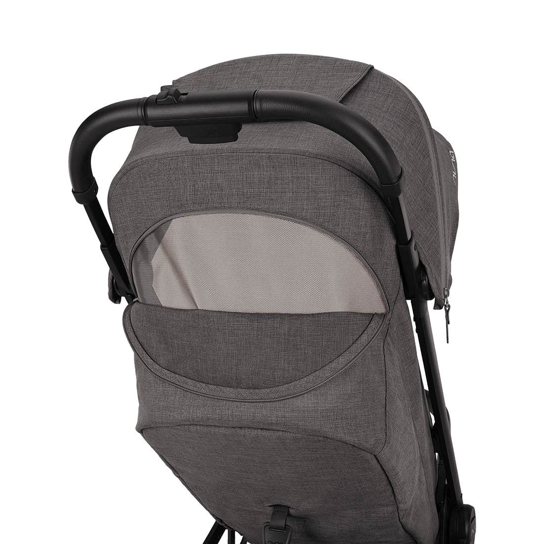 Nuna TRVL 360 lightweight travel stroller in Pewter grey, shown from the rear with the canopy extended to reveal a mesh ventilation window and a brown leatherette pushbar against a clean white background.