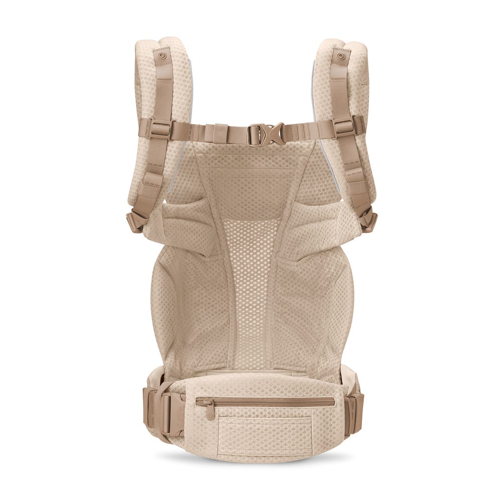 Baby carrier with beige and brown design on a white background