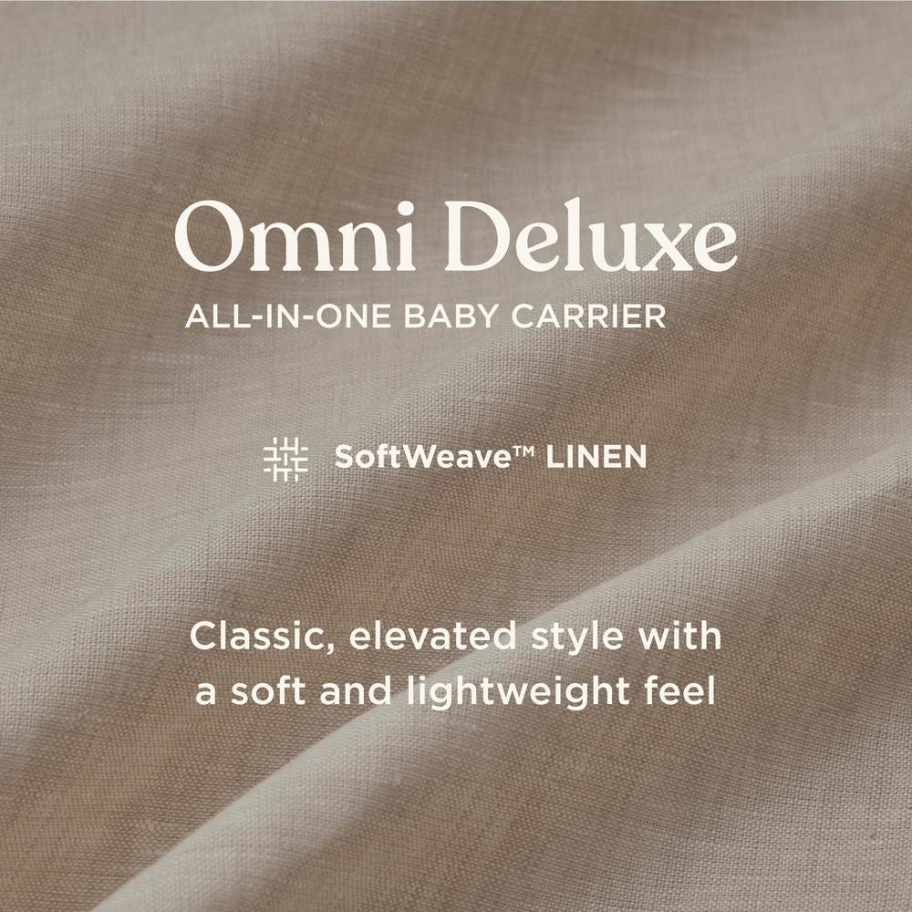 Text on soft brown fabric background describing Omni Deluxe baby carrier.